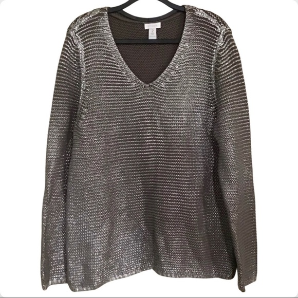 Chicos knit size 2 100% cotton silver shimmer long sleeve Vneck sweater - Picture 1 of 4